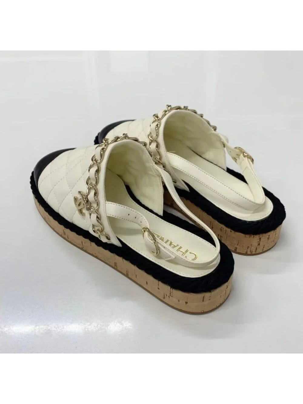 Chanel CC Logo Quilted Chain Leather Cork Sandals